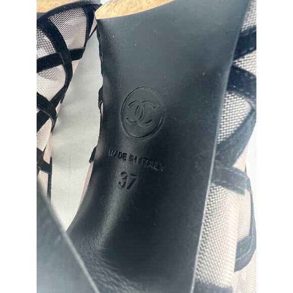 Chanel 2018 Black Suede Mesh Peep Toe CC Logo Ankle Boots - Picture 15 of 16